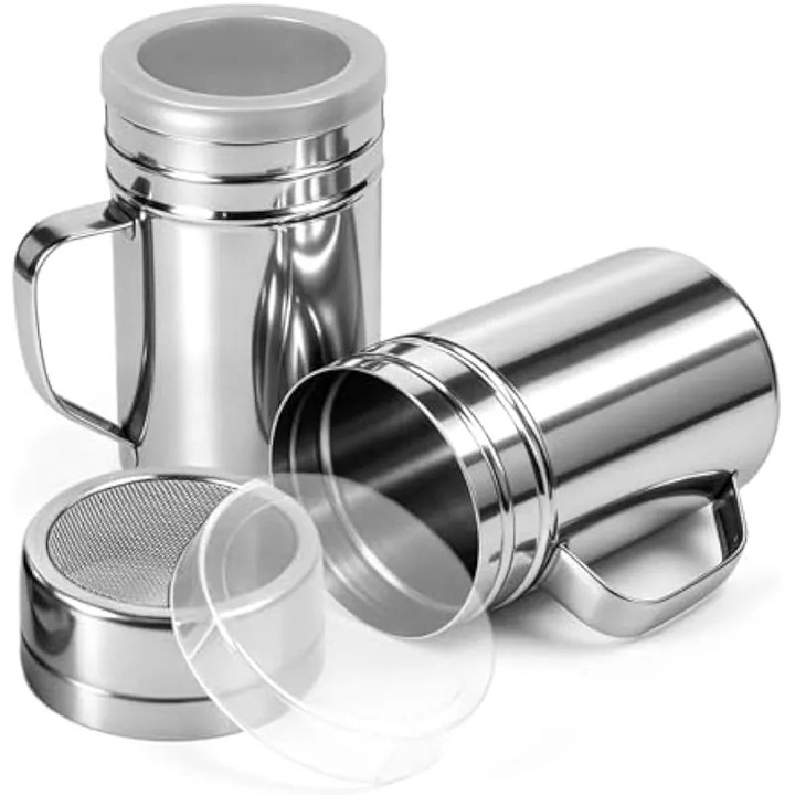 Pachet de 2 agitatoare de sare si piper din otel inoxidabil cu maner si capac, dozatoare metalice de sare si piper pentru condimente, zahar, scortisoara si cafea (argintiu, 14 oz)