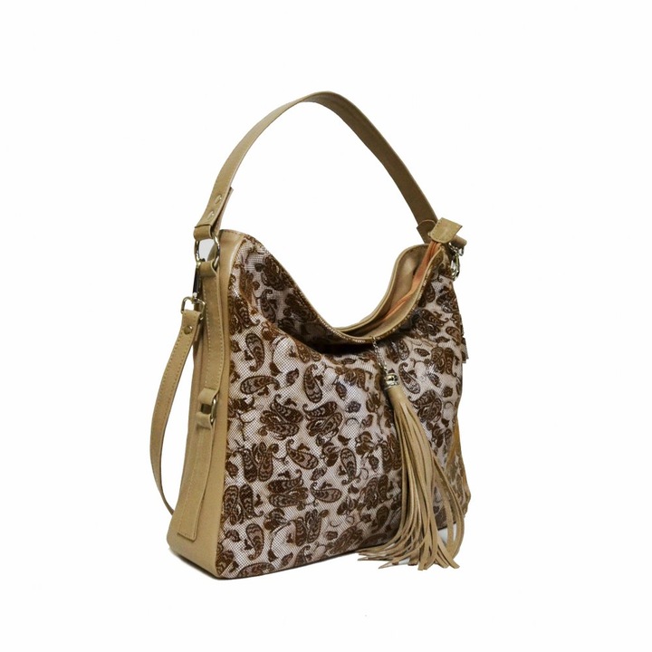 Zea női táska, valódi bőr, virágmintás, bézs