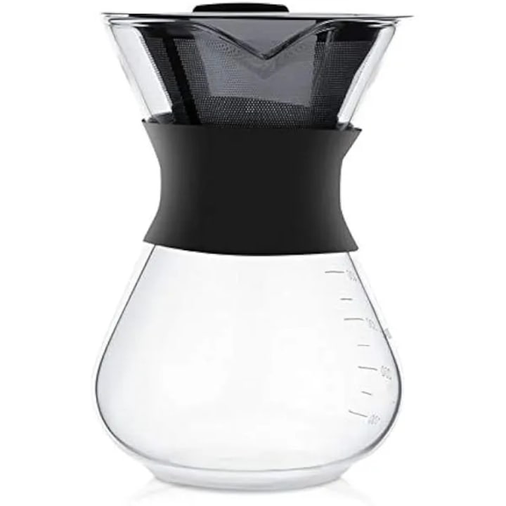Cafetiere Pour Over, carafa din sticla borosilicata, filtru din otel inoxidabil, negru, 1x1L