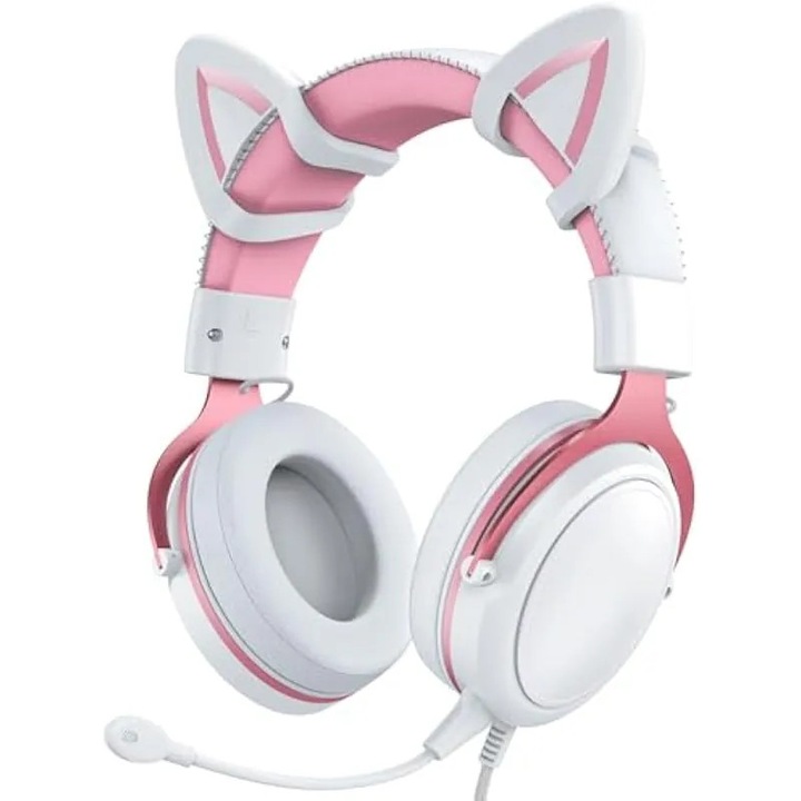 Геймърски слушалки Denash RGB, с кабел, намаляване на шума, бяло-розови, over-ear