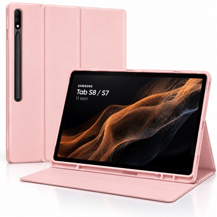 Husa office pentru tableta SAMSUNG GALAXY TAB S8 Model X700/X706 si S7 Model T870/T875/T876B, Sigloo, cu suport Smart Pen, Pink