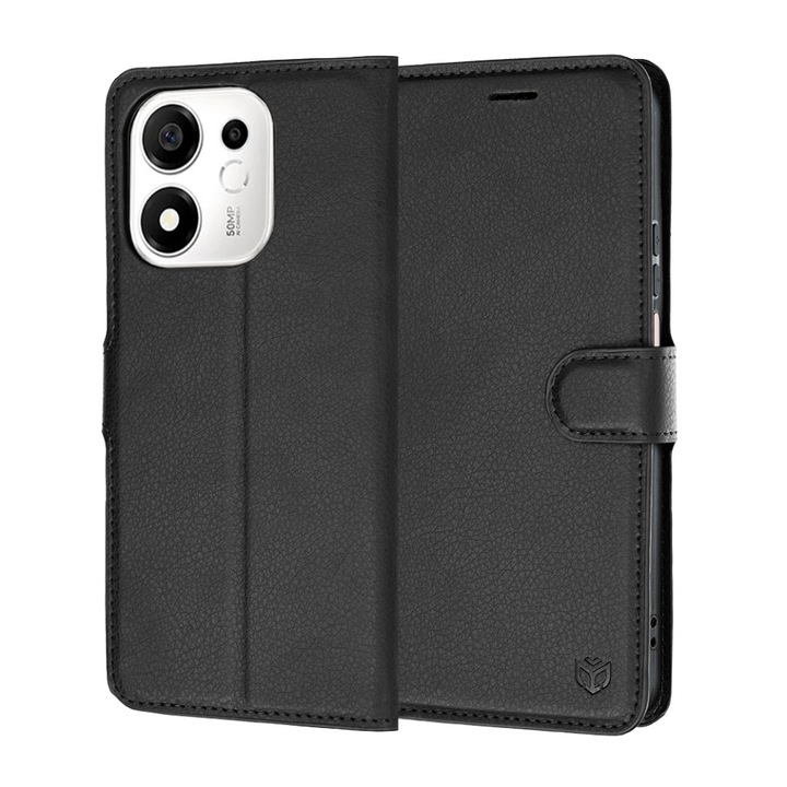 Husa pentru Honor 600 Smart tip Carte, cu Portofel Interior, Finisaje Premium, set cu sticker, Leather Folio, Negru