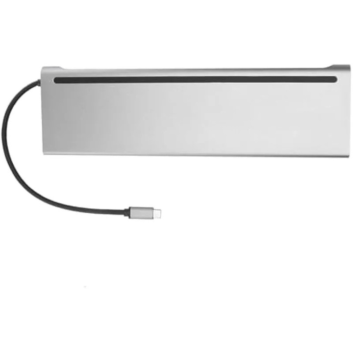 Докинг станция Cocoarm 12-в-1, двойна 4K и VGA резолюция, бързо зареждане 87W, 2 USB 3.0 порта, 1 USB 2.0 порт, сребрист цвят