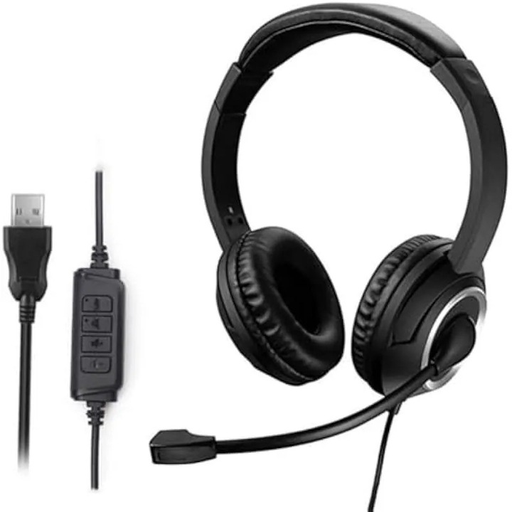 Слушалки с кабел за кол център, шумопотискане, over-ear, бели, 172g