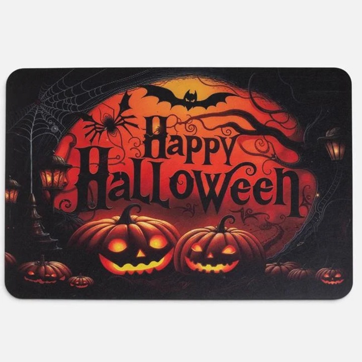 Изтривалка за вход Хелоуин 60 x 40 см с тикви и надпис Happy Halloween от каучук с текстилна повърхност Shopiens®