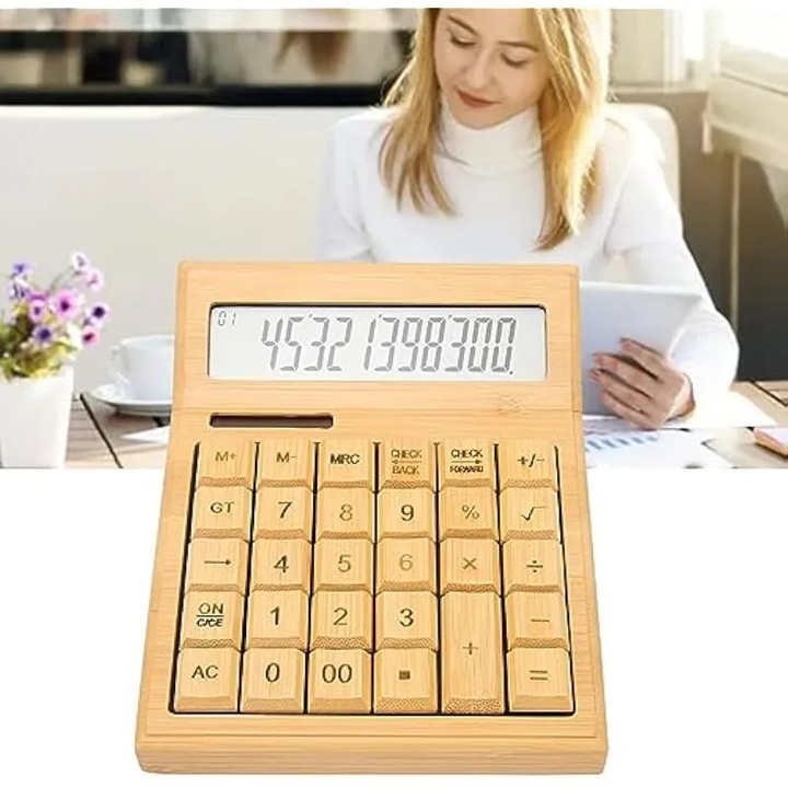 Настолен калкулатор K0582-CJ-260916-444, бамбук, LCD екран 12 цифри, соларно захранване + литиева батерия, 29 бутона, естествено дърво