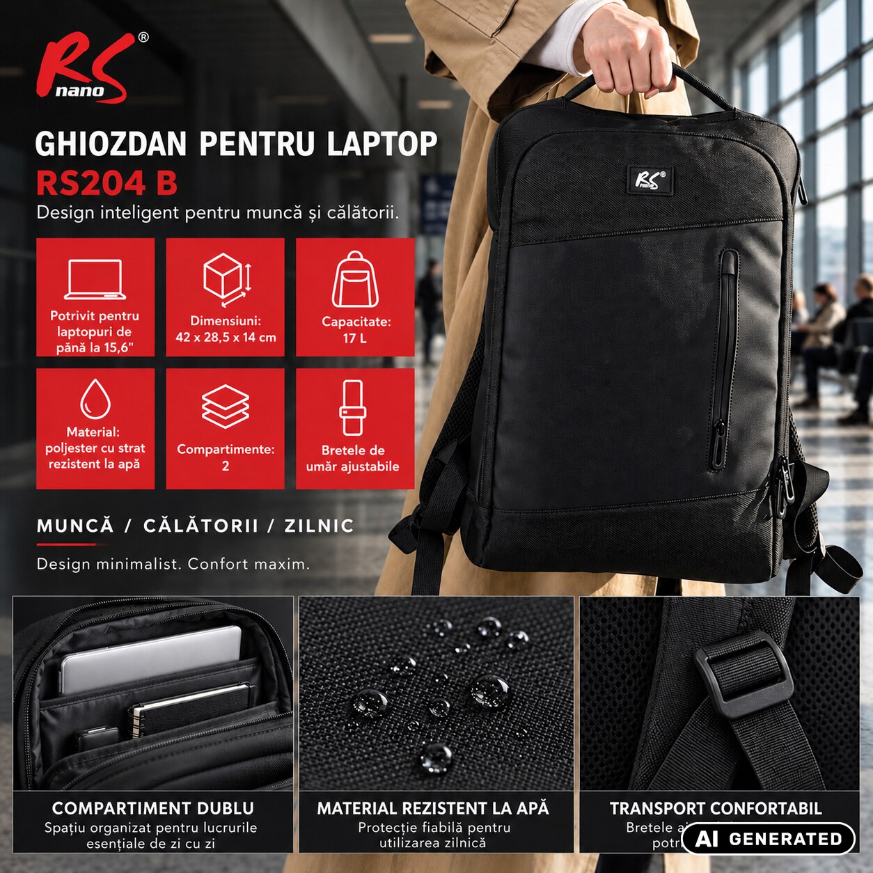 Rucsac Laptop NanoRS 15 "6" Negru Impermeabil RS204 B