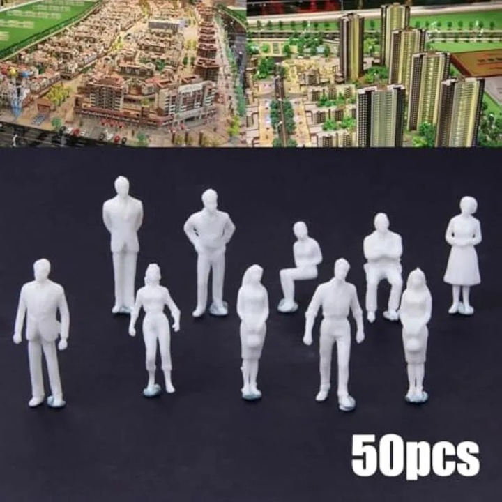 Фигурки за макети 1:50 от недовършен пластмасов материал, микс от пози, бели, 50 бр., прибл. 36 мм