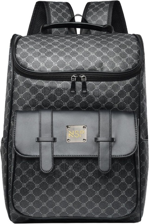 NSP, rucsac din piele ecologica (PU) cu husa pentru laptop 16", capacitate 34,5L, model N106 Bullet, negru, curele respirabile, fermoare metalice, suport trolley
