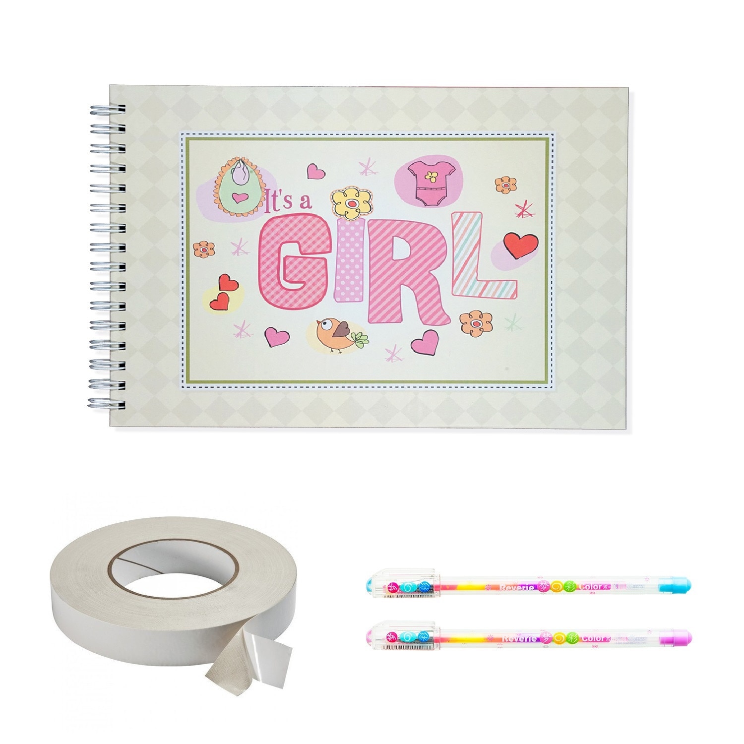 Pachet Album foto / Guestbook pentru botez Fetite, A4 landscape, pix inclus