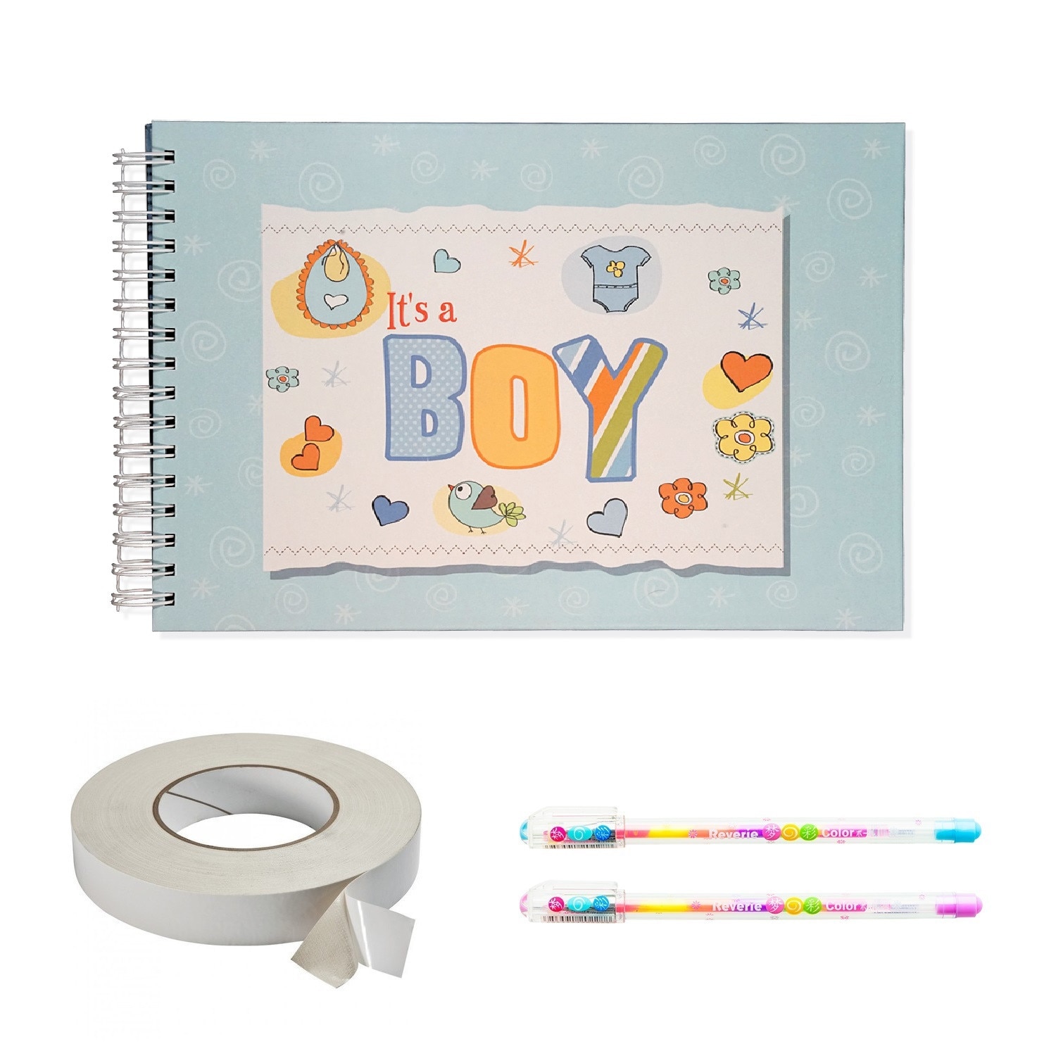 Pachet Album foto / Guestbook pentru botez Baieti, A4 landscape, pix inclus