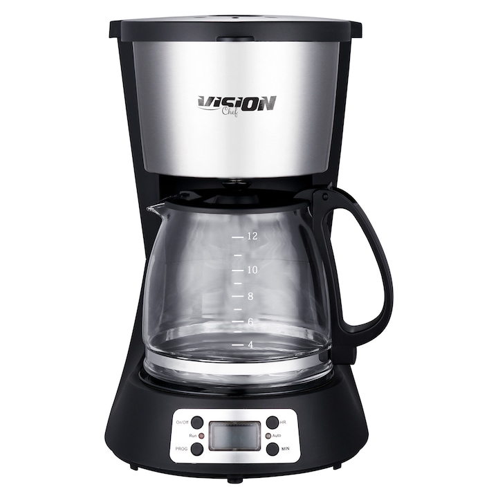 Cafetiera Vision Chef VFCS1201N, 1000W, 1.5l, Oprire automata la fierbere, Programare pornire, Argintiu/Negru