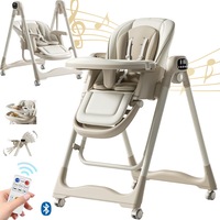 Scaun de Masa Pliabil cu Balansoar electric 4 in 1 pentru Bebelusi si Copii, Qova®, Multifunctional, Redare Muzica, Reglabil pe inaltime, 170° inclinare Spatar, Roti 360° cu blocare, Centura de Siguranta in 5 Puncte, Tava detasabila, Kaki