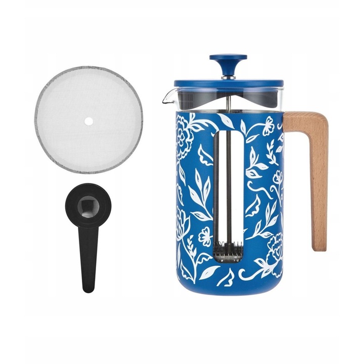 French Press La Cafetiere Pisa 8 Cani, design floral, albastru, 1.5l