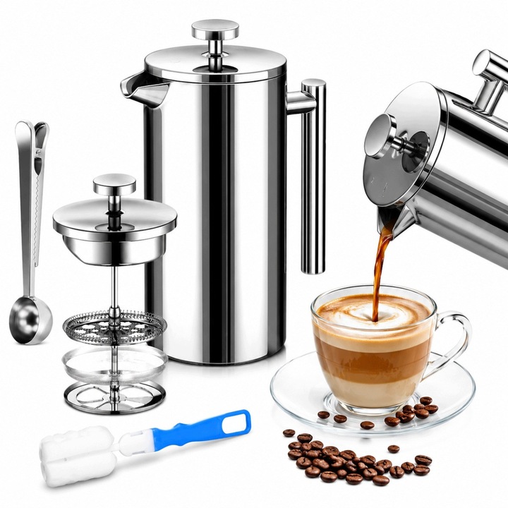 Presa Franceză Cafea 1L, Inox 304, Izolare Termică Dubla, Filtru Triplu