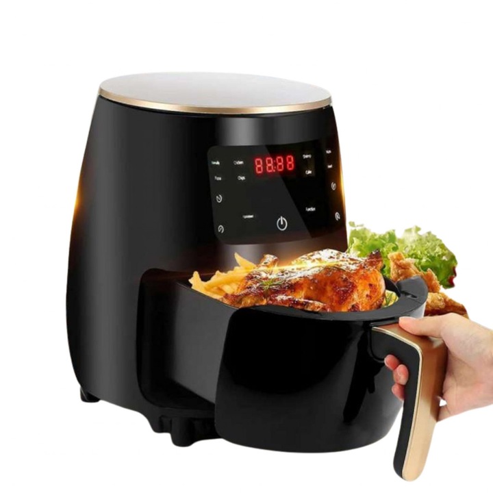 Цифров LED въздушен фритюрник Cheffinger CF AFRY4.5, 1400W, 4.5 литра, 360° циркулация на горещ въздух, LED дисплей, 31 х 27 х 27 сантиметра, Черен