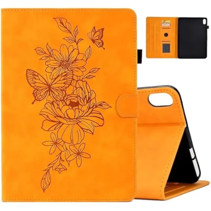 Husa pentru iPad Mini 6 (2021) generatia a 6-a de 8, 3 inch, husa din piele intoarsa cu suport multi-unghi, tip folio, activare/oprire automata inteligenta cu suport pentru pix si sloturi pentru carduri pentru iPad Mini 6 (2021) de 8, 3 inch, galbena
