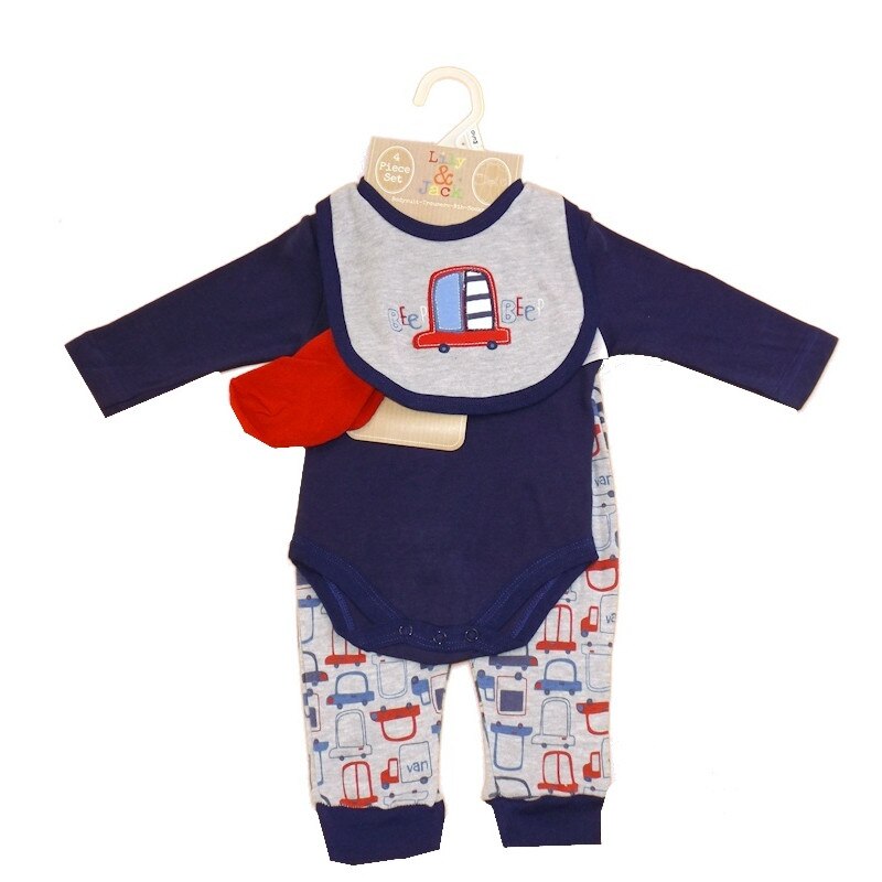Set 4 piese pentru baieti, body, pantaloni, bavetica si sosete, Lily & Jack, Multicolor