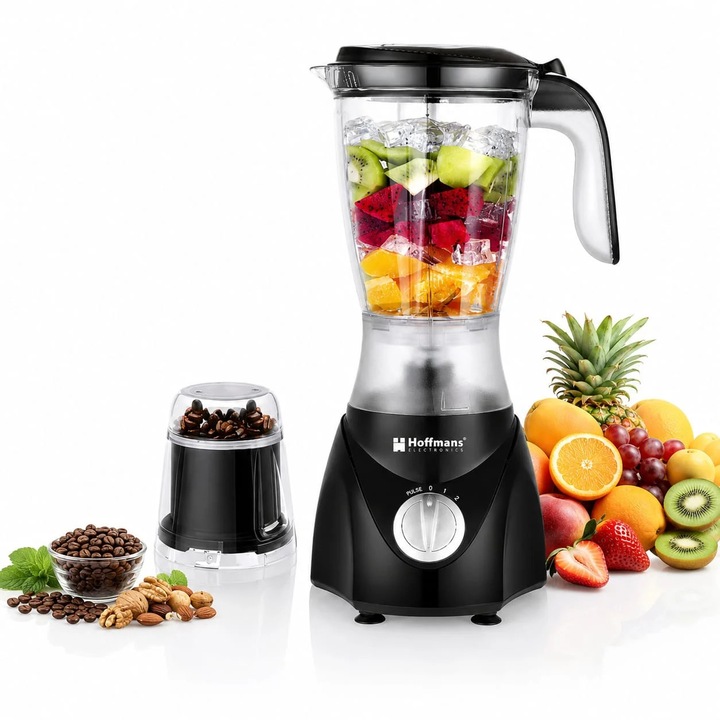 Blender Electric 2-in-1 Hoffmans HM-2101, 600W, Vas 1,5L, Rasnita, Lame din Inox, Blender Multifunctional pentru Fructe si Legume, Negru