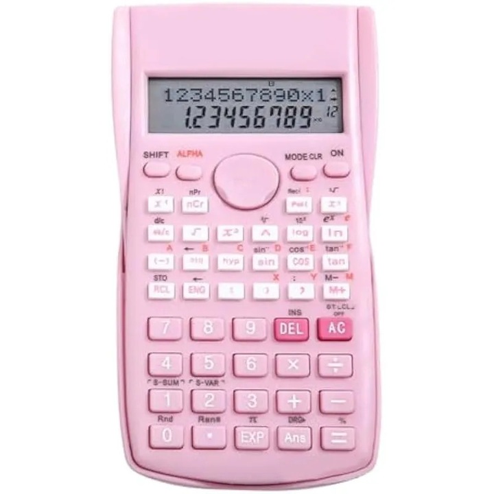 Научен калкулатор K0579-CJ-260917-2493, 240 функции, 12-цифрен дисплей, твърд плъзгащ се капак, тригонометрични и експоненциални функции, батерия L1131 x2, розов