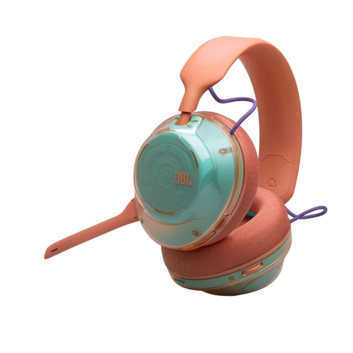 Безжични геймърски слушалки JBL Quantum 520 (JBLQTUM520COR), 50 мм, подвижен кардиоиден микрофон 6 мм, ниска латентност 2.4 GHz/Bluetooth/USB-C, импеданс 32 Ω, Hi-Res, Корал/Тюркоаз