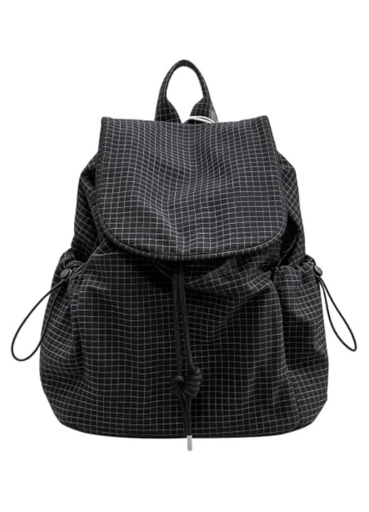 Rucsac din poliester cu clapeta si snur, buzunare laterale, model K0582-CJ-260917-861, negru/alb, 32 x 28 x 15 cm