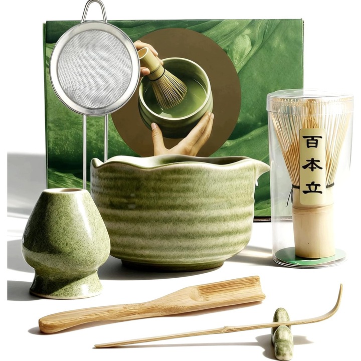 Комплект за чай Matcha от 6 части, керамична купа 510 мл, бамбукова бъркалка, цедка от неръждаема стомана, традиционна лъжичка, дзен дизайн