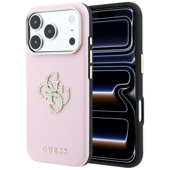 Carcasa Guess Smooth & Big Strass GUE005558, rezistenta la socuri, roz, compatibil iPhone 18 Pro/17 Pro