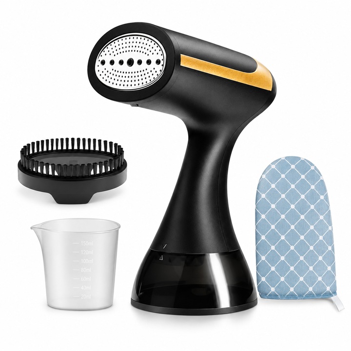 Aparat de Calcat cu Aburi Portabil SteamEase Pro GS002-KN – 1500W, Rezervor 300 ml, Vertical si Orizontal, Incalzire Rapida, Anti-Ardere Uscata, Perie, Manusa si Recipient Gradat 150 ml, Negru