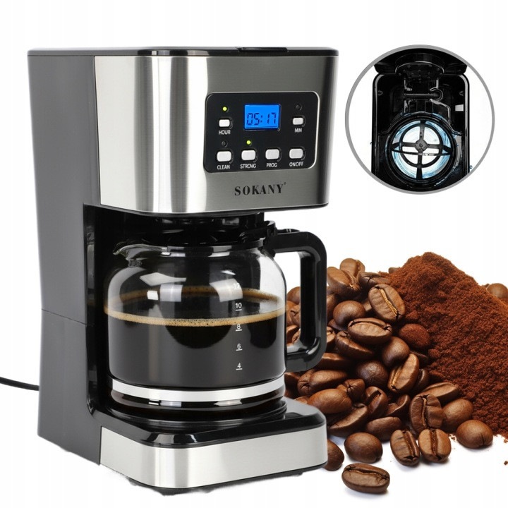 Cafetiera cu filtru Sokany, capacitate 12 cesti, carafa din sticla de 1l, sistem anti-picurare si functie de mentinere la cald, aparat electric de cafea pentru acasa si birou