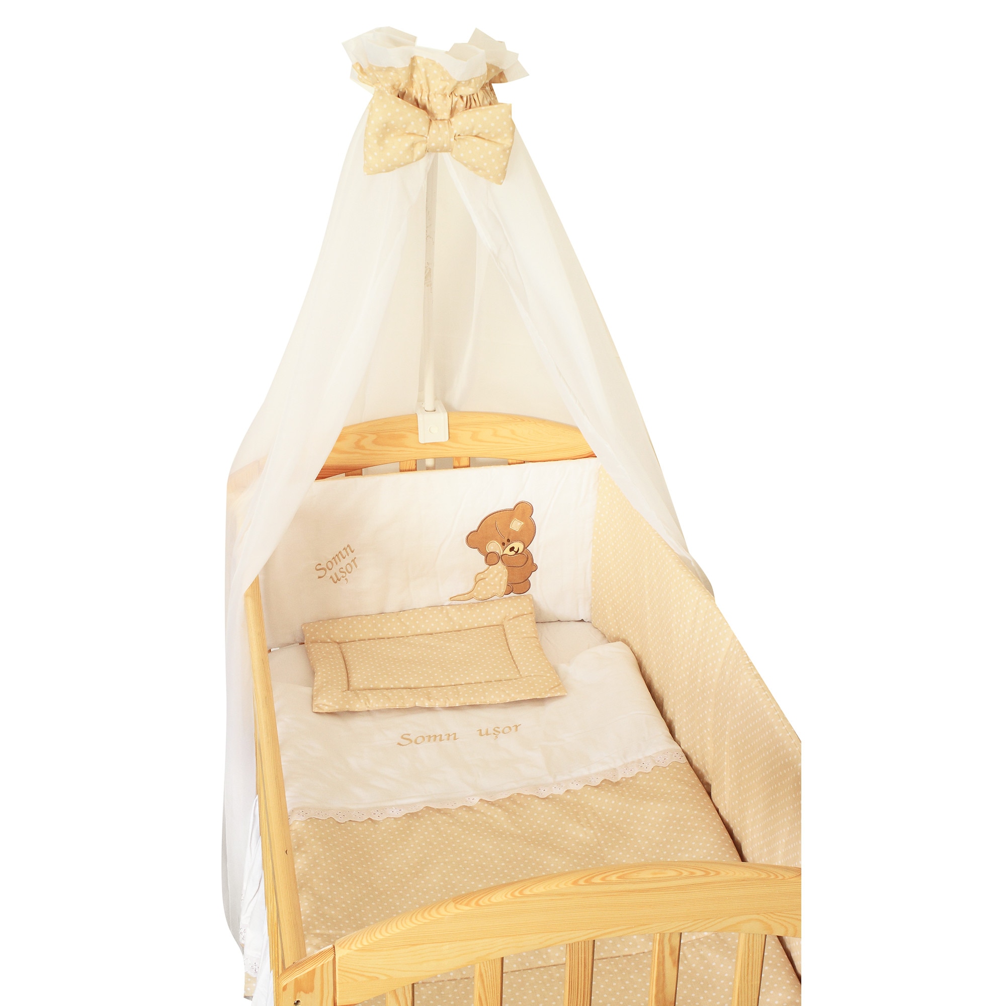 Lenjerie cu baldachin, 6 piese, Little bear, crem, 120 x 60 cm