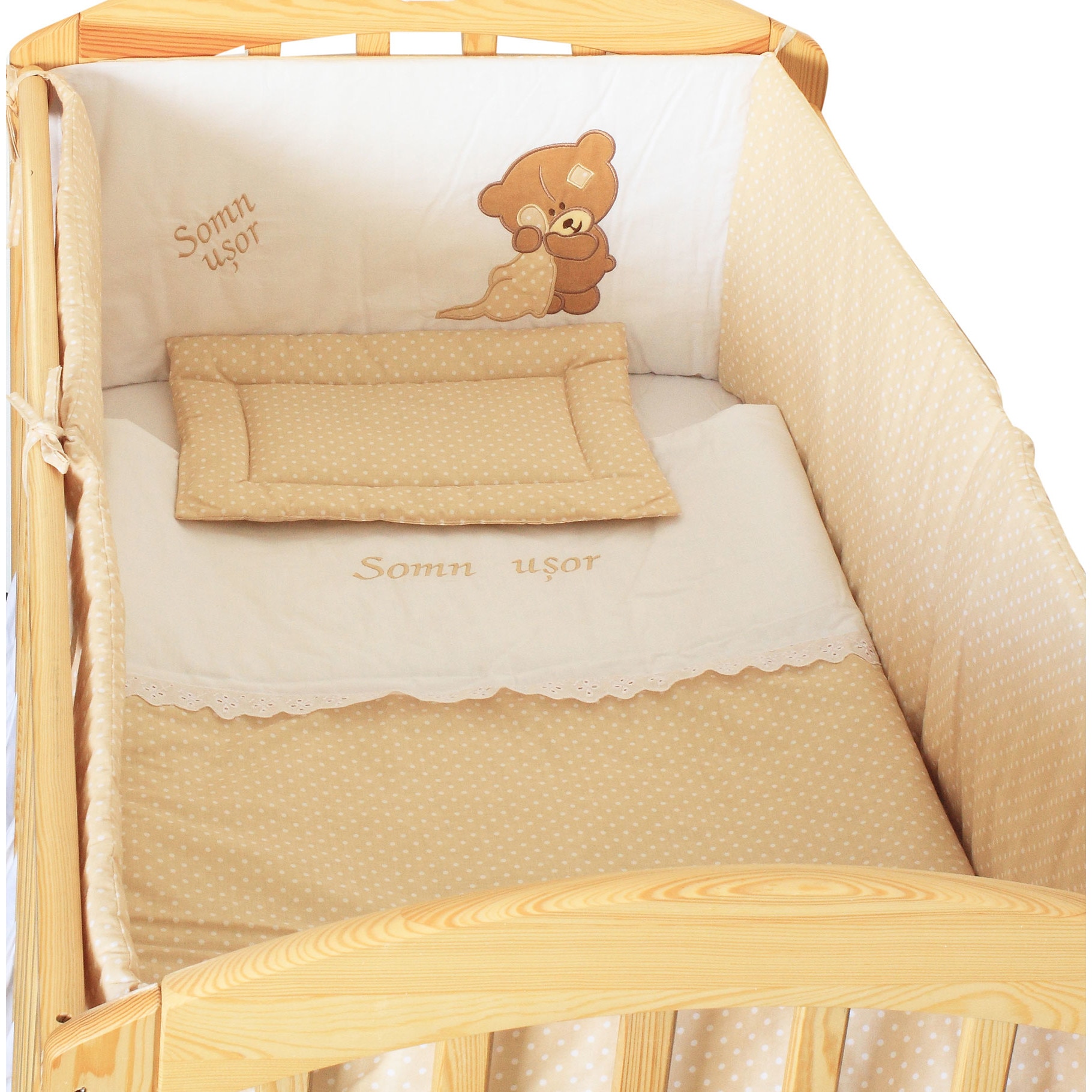 Lenjerie patut, 5 piese, little bear, crem, 120 x 60 cm