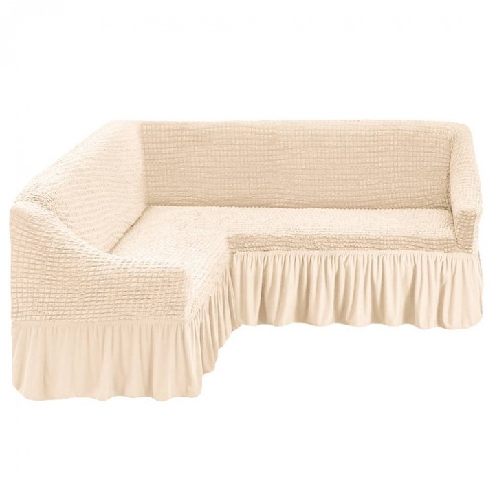 Husa canapea tip coltar elastica si creponata, culoare alb unt, Artforhome