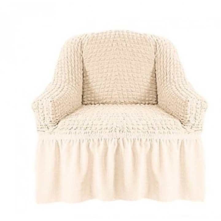 Husa universala fotoliu elastica si creponata cu Volane alb unt, Artforhome