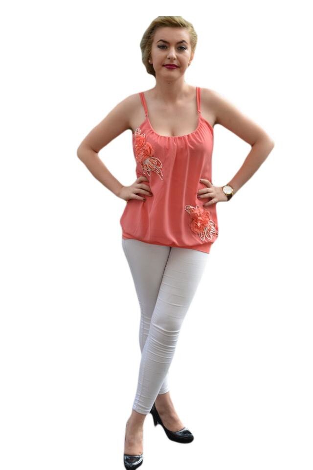 Bluza eleganta cu insertii de paiete, margele, D&J Exclusive, Corai