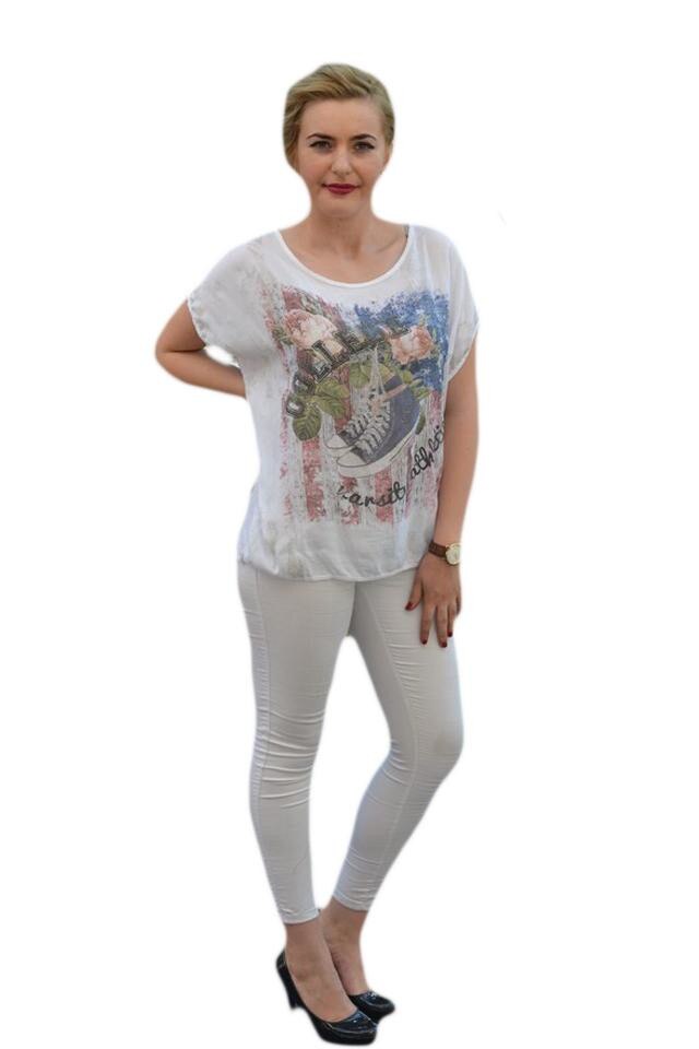 Bluza tinereasca cu imprimeu cu strasuri, D&J Exclusive, Alb