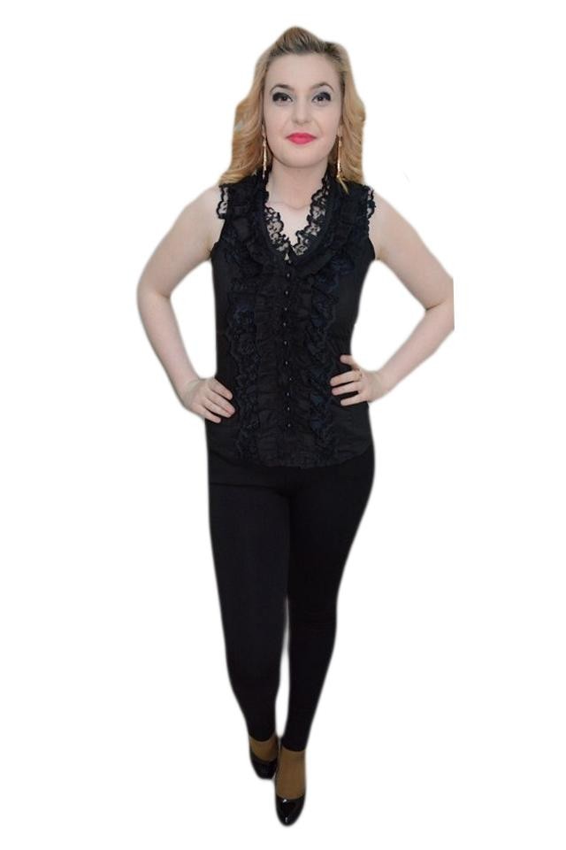 Bluza casual fara maneca, cu dantela si volane, D&J Exclusive, Negru