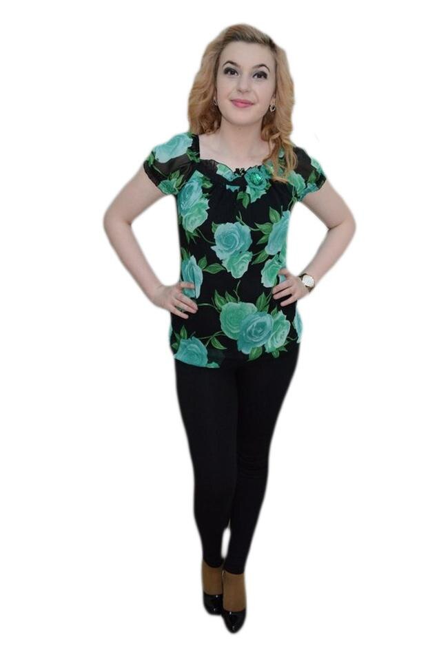 Bluza deosebita de vara cu trandafiri, D&J Exclusive, Turcoaz