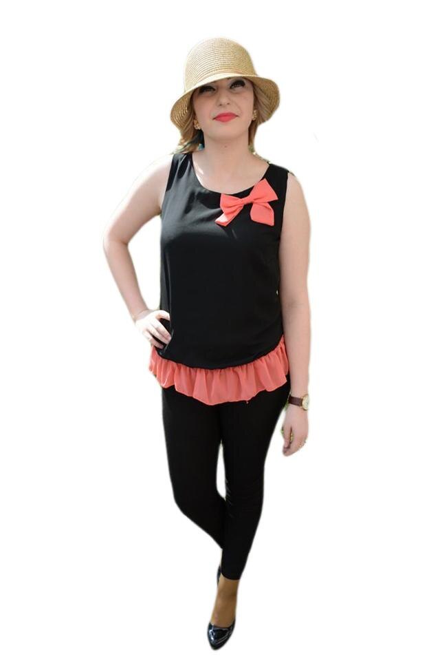 Bluza de vara cu decolteu rotund, fundita, D&J Exclusive, Negru/Corai