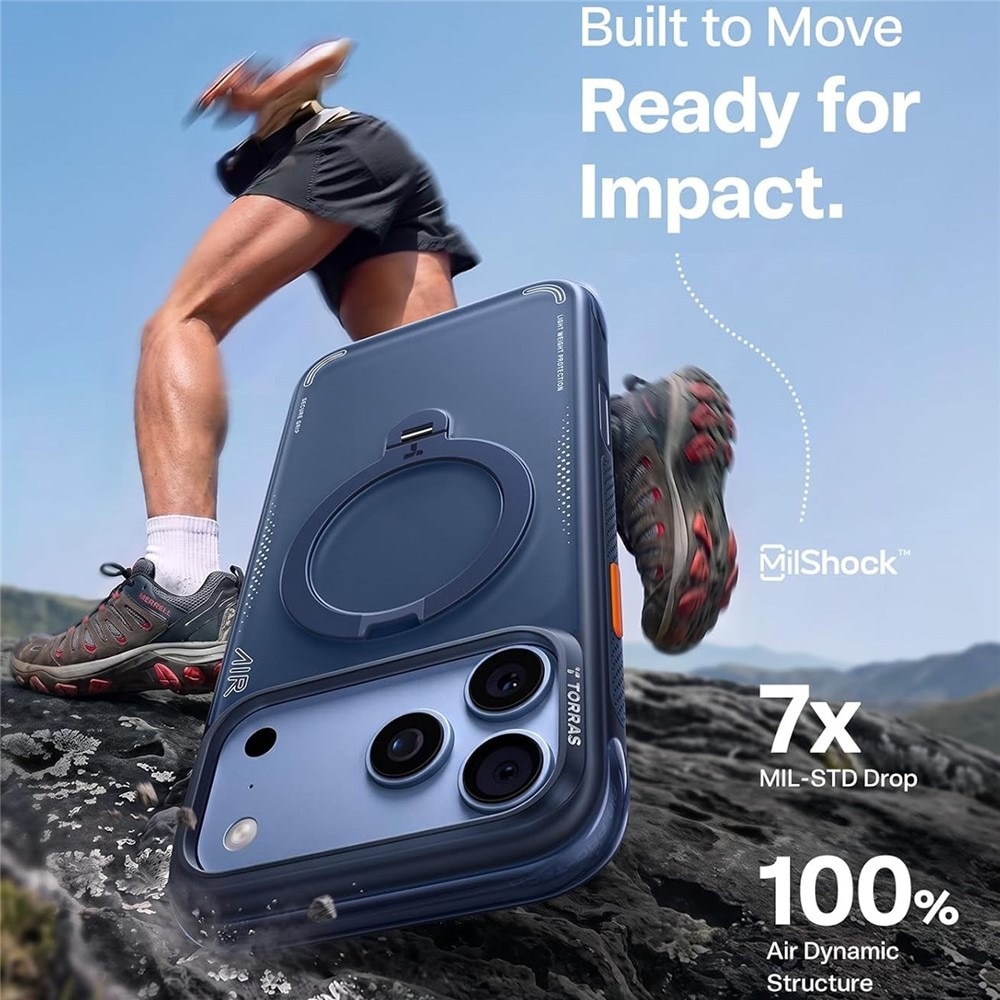 Husa pentru iPhone 18 Pro / iPhone 17 Pro Torras Ostand Q3 Air Series, Incarcare wireless, Inel rotativ 360°, Protectie ridicata, Calitate premium, Albastru inchis