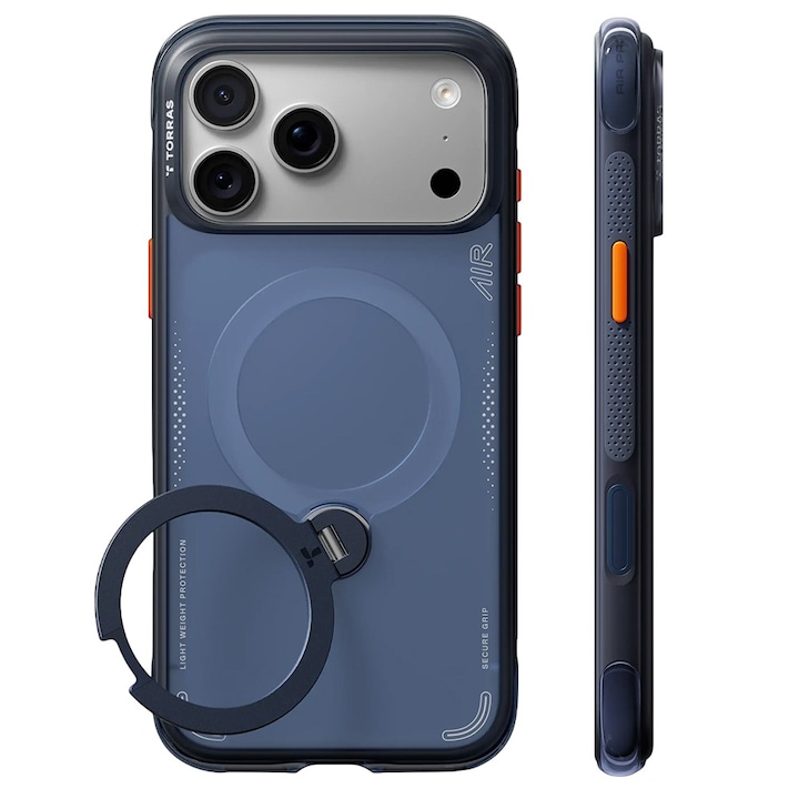 Husa pentru iPhone 18 Pro / iPhone 17 Pro Torras Ostand Q3 Air Series, Incarcare wireless, Inel rotativ 360°, Protectie ridicata, Calitate premium, Albastru inchis