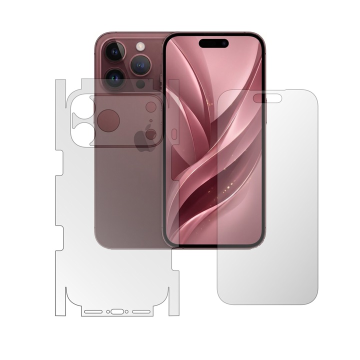 Set 2X Folii de Protectie Full-Body Folie24, pentru Apple iPhone 18 Pro, Acoperire 360, Ecran + Spate si Laterale, 1 Set Ultra-Clear + 1 Set Mate, Adezive, Flexibile cu Auto Regenerare