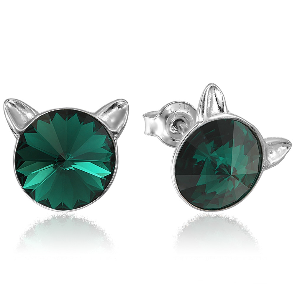 Cercei Argint 925 placat cu rodiu cu cristale Swarovski® Rivoli Cat 8mm Emerald Surub