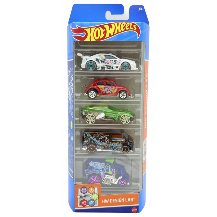 Комплект от 5 колички Hot Wheels HW Design Lab, 1:64, бял, червен, зелен, черен, син