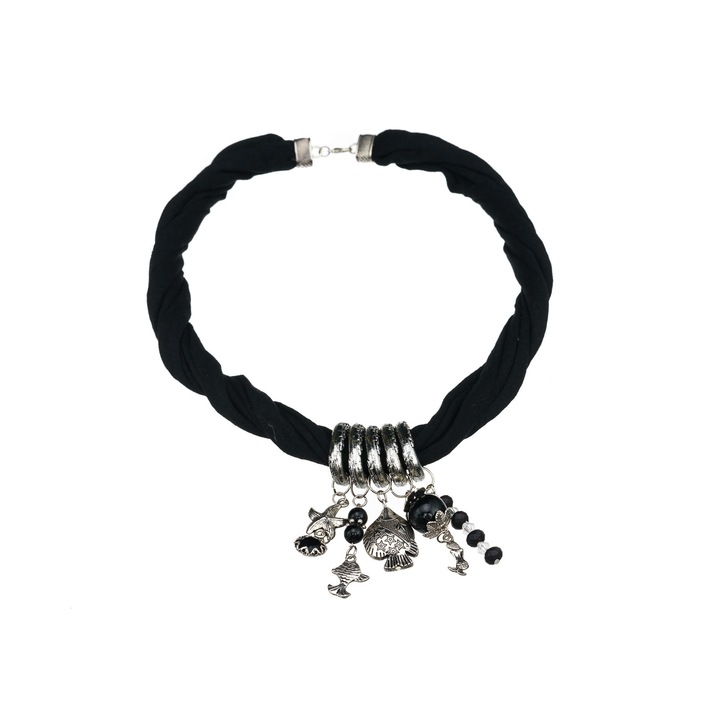 Colier Statement Negru 57 cm Textil Handmade