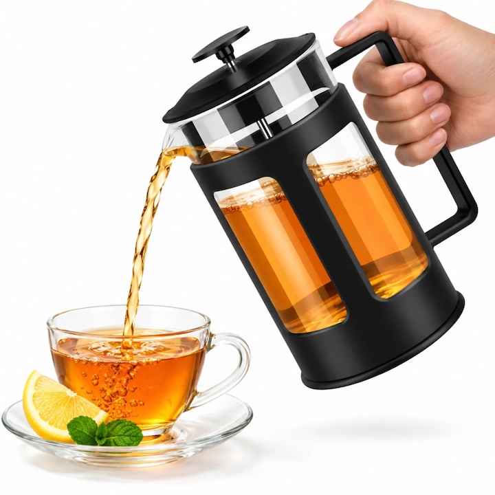 Cafetiera cu presa VarioShop®, pentru cafea, ceai si lapte spumat, capacitate 1L, filtru din otel inoxidabil, recipient din sticla, negru