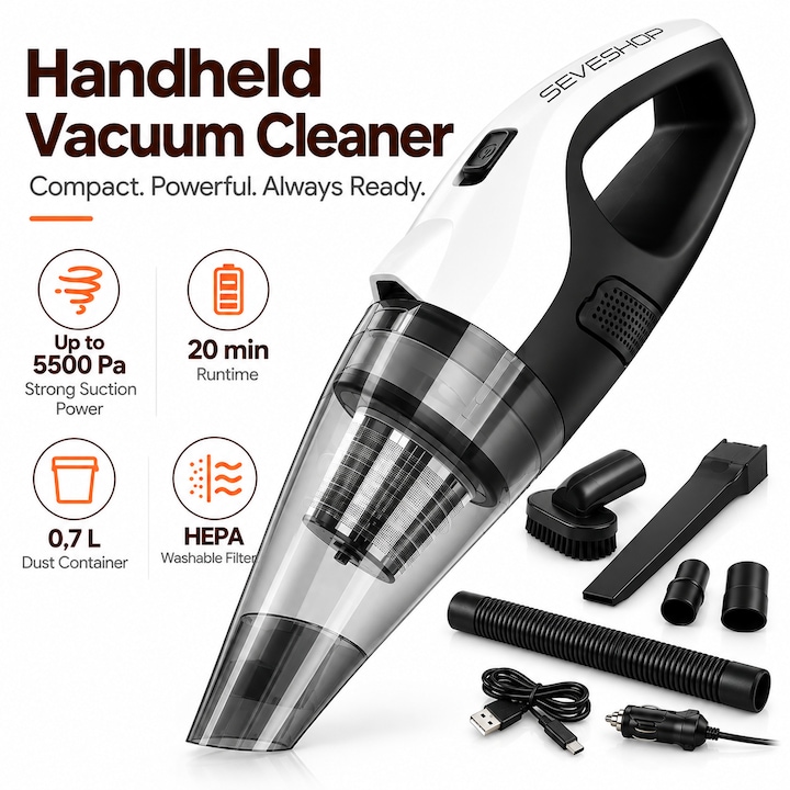 Aspirator Mana Portabil, SeveShop®, Aspirator Fara Fir Wireless, Aspirator Cu Filtru HEPA, Putere 5500 Pa, 7.4V, Autonomie 20 Min, Aspirator Mana Cu Capacitate 0.7L, Ideal Pentru Casa Si Birou, Compact Si Usor, Curatare Praf Si Murdarie, Negru