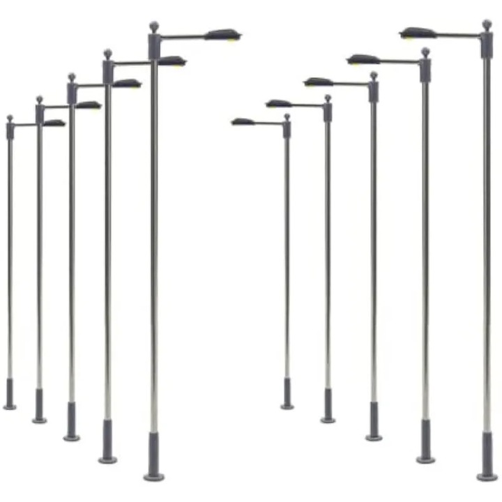 Комплект от 10 осветителни стълба за железопътни макети, HO/OO, вграден LED, 104 мм, 3V, K0582-CJ-260918-1594, сив
