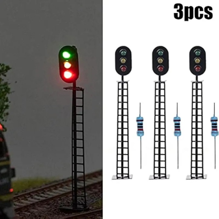 LED железопътен сигнал 3 аспекта, OO gauge, предварително окабеляване, за 3V (съвместим с 12V с резистор), комплект 3 бр., черен