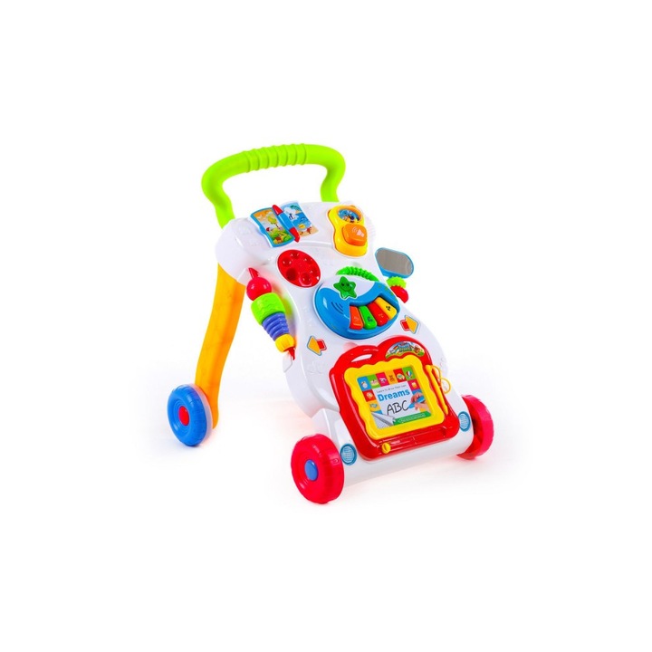 ISP Baby First Step bébikomp, levehető játékok, tábla, telefon, zongora, fények és hangok, 45 cm magas